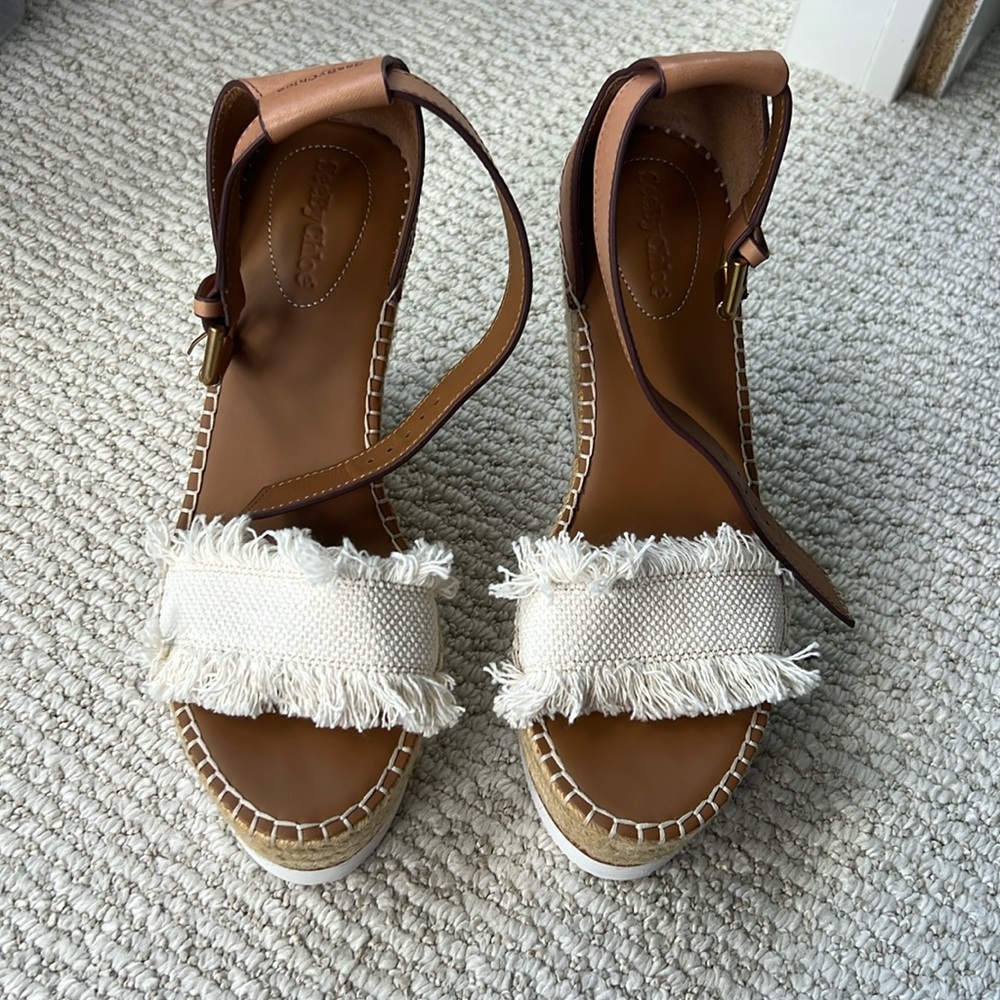 See by Chloe Frayed Wedge in Natural. Size 40